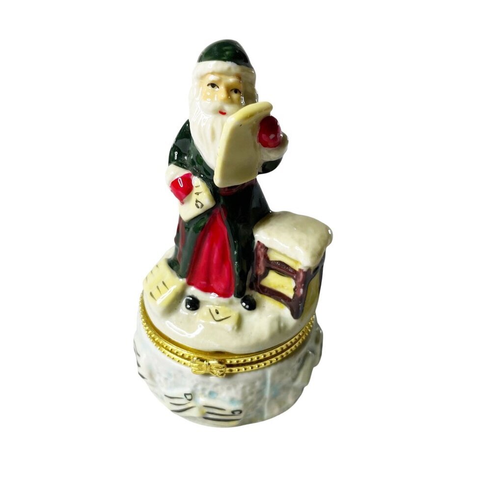 Santa Christmas Hand Painted Porcelain Trinket Box Reading all the Letters